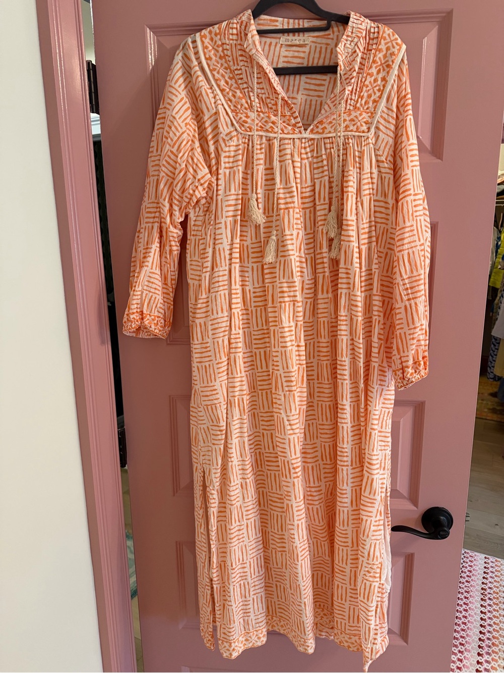 Marea - Orange Patterned Boho Maxi Dress with Tassel Tie